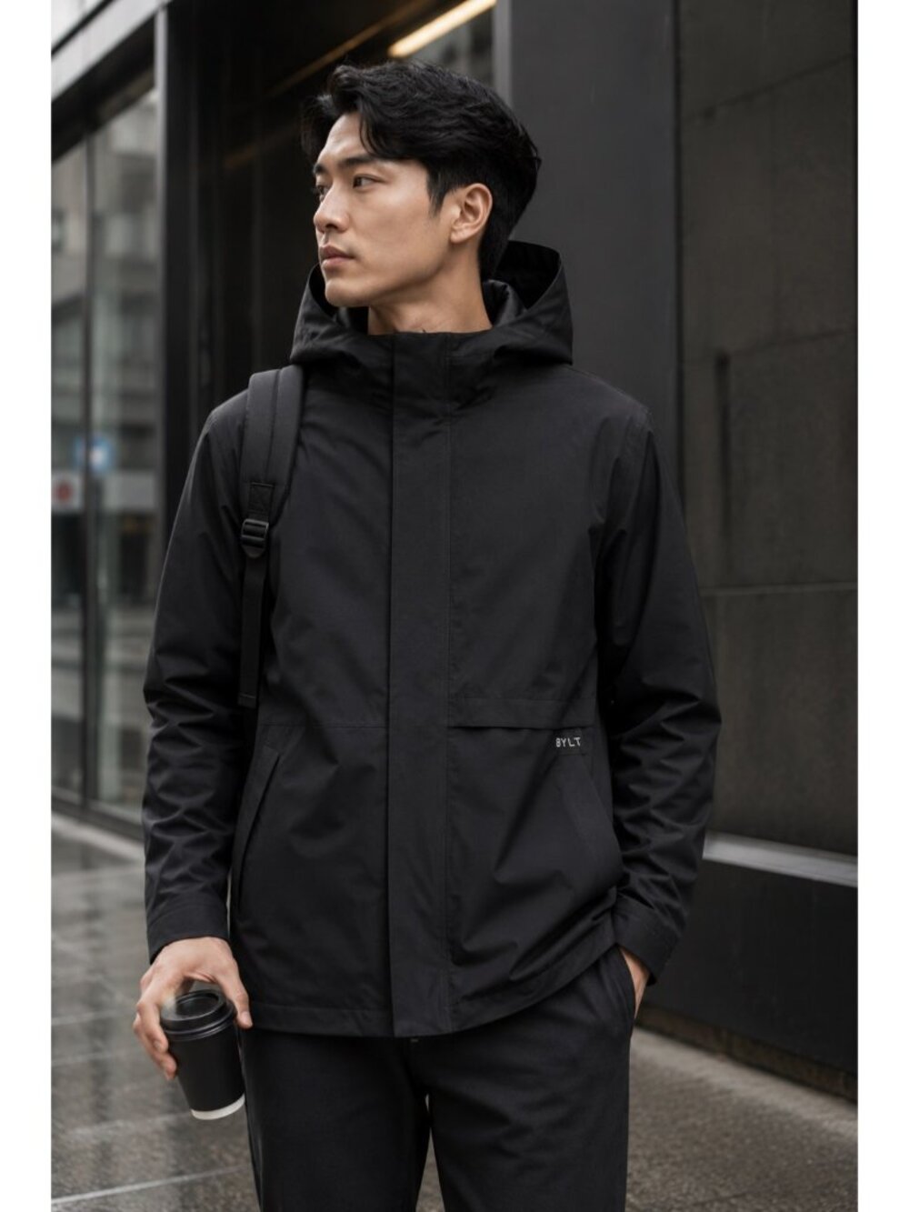 BYLT Premium Basics Shelter Jacket Men’s Medium Black Hooded Waterproof Rain Coa